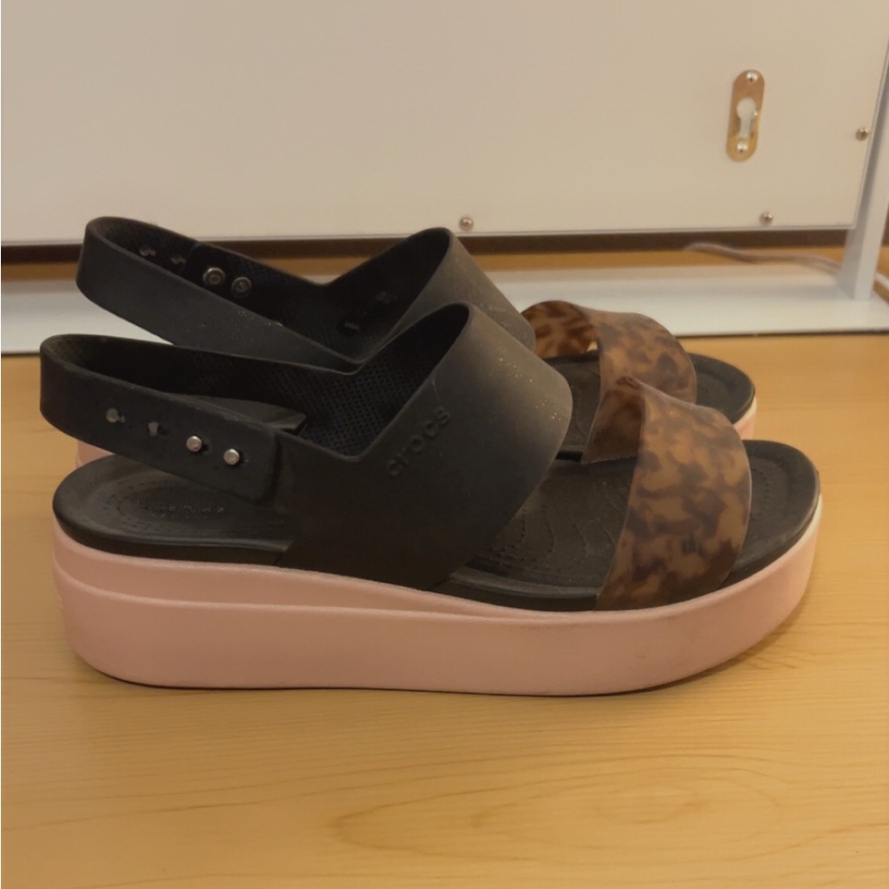CROCS Women's Black and Brown Sandals with Pink Platform